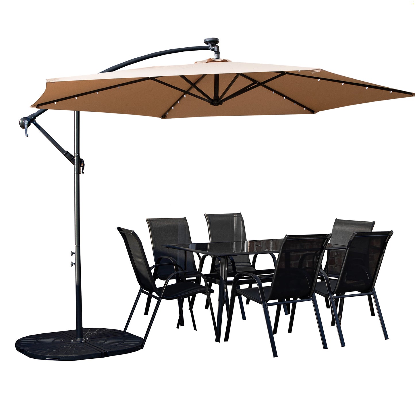 Outdoor 6 Person Rectangular Glass Top Garden Dining Table Chairs With Beige Banana Lit Parasol and Base Set