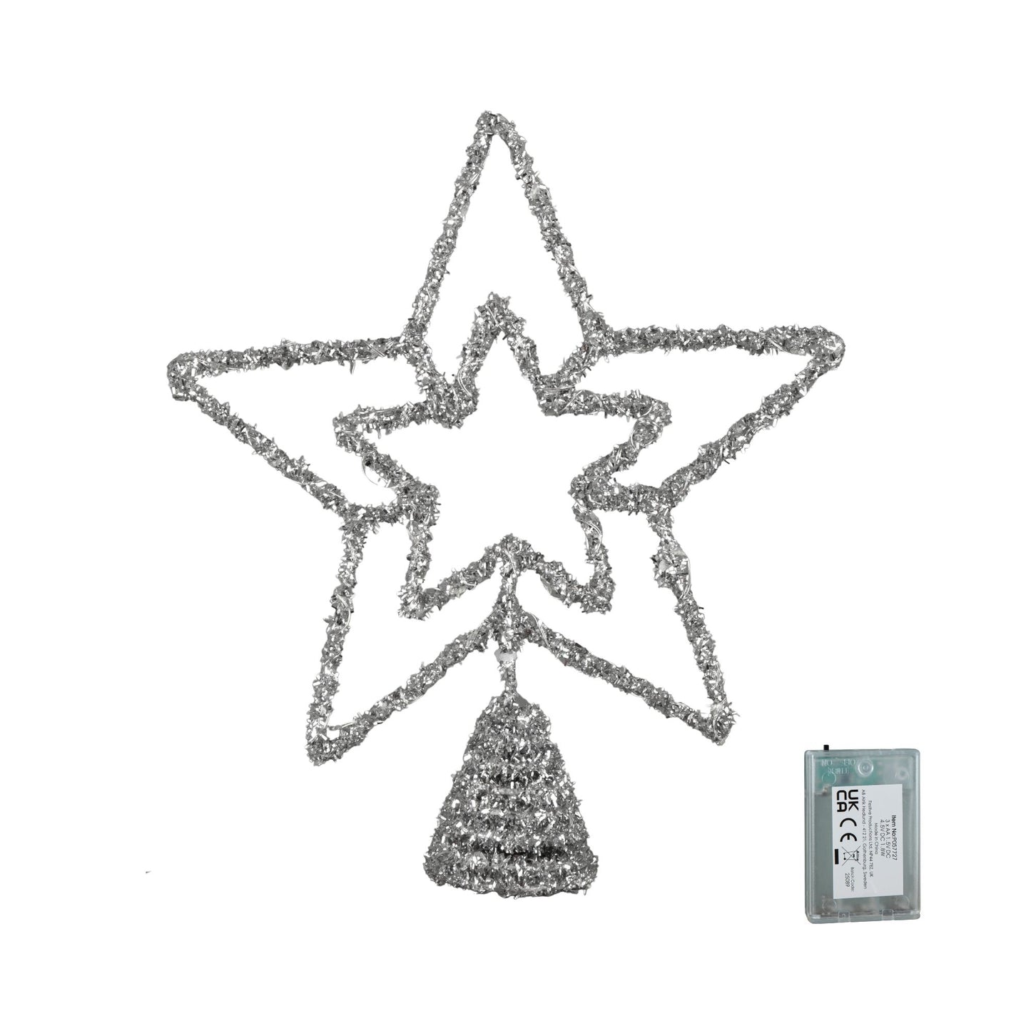 28cm Battery Powered Silver Christmas Star Tree Topper with White Multi-Action LEDs
