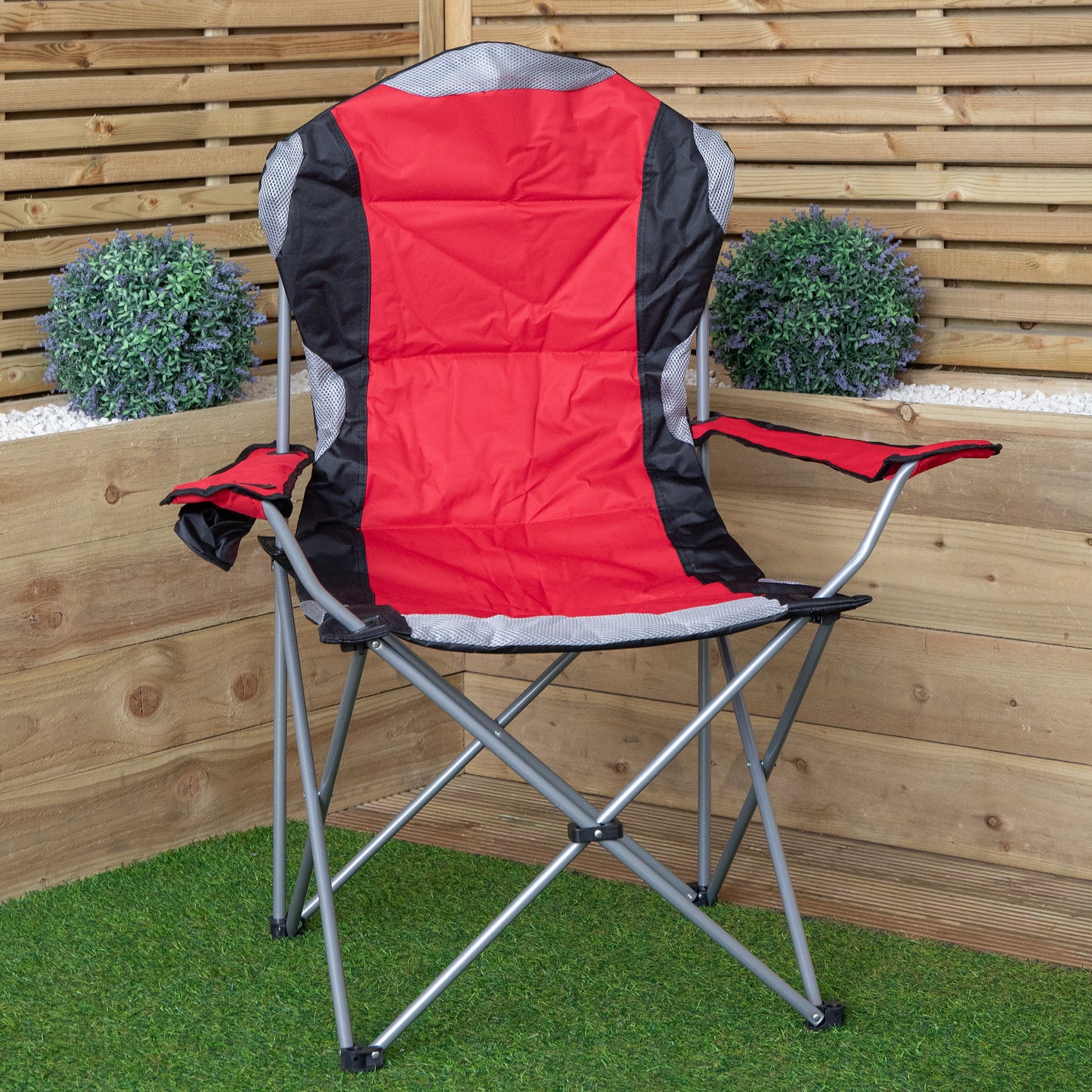 Luxury Padded High Back Outdoor Folding Chair with Cupholder in Red