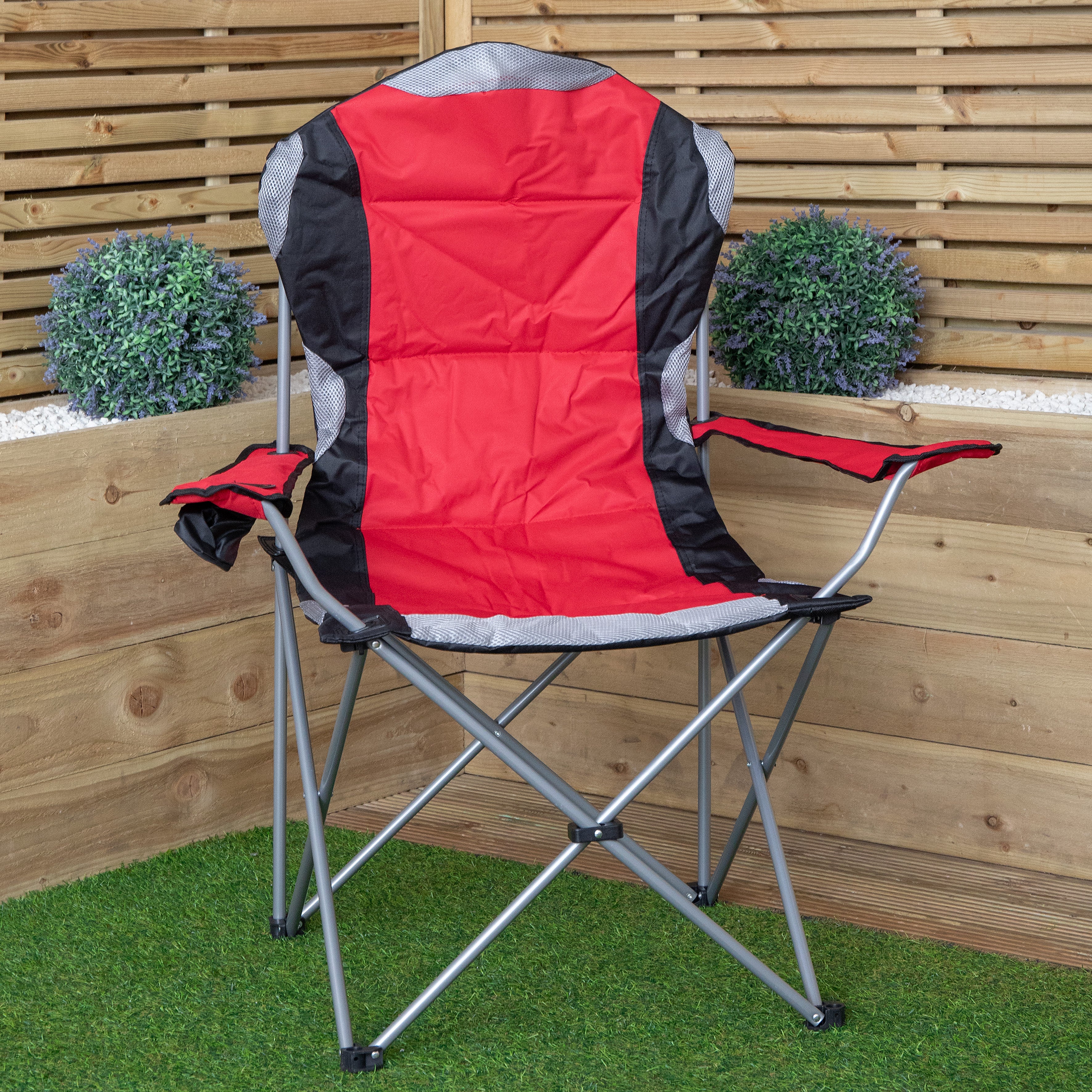 Luxury Padded High Back Outdoor Folding Chair with Cupholder in Red