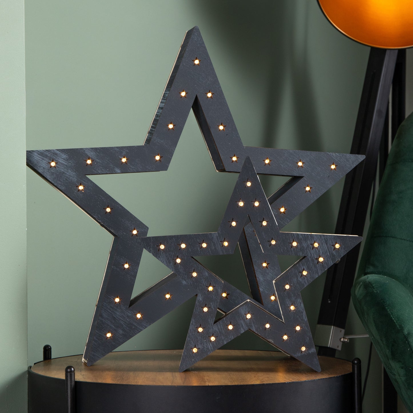 Set of 2 Battery Operated Light up Wooden Christmas Stars with 60 Warm White LEDs