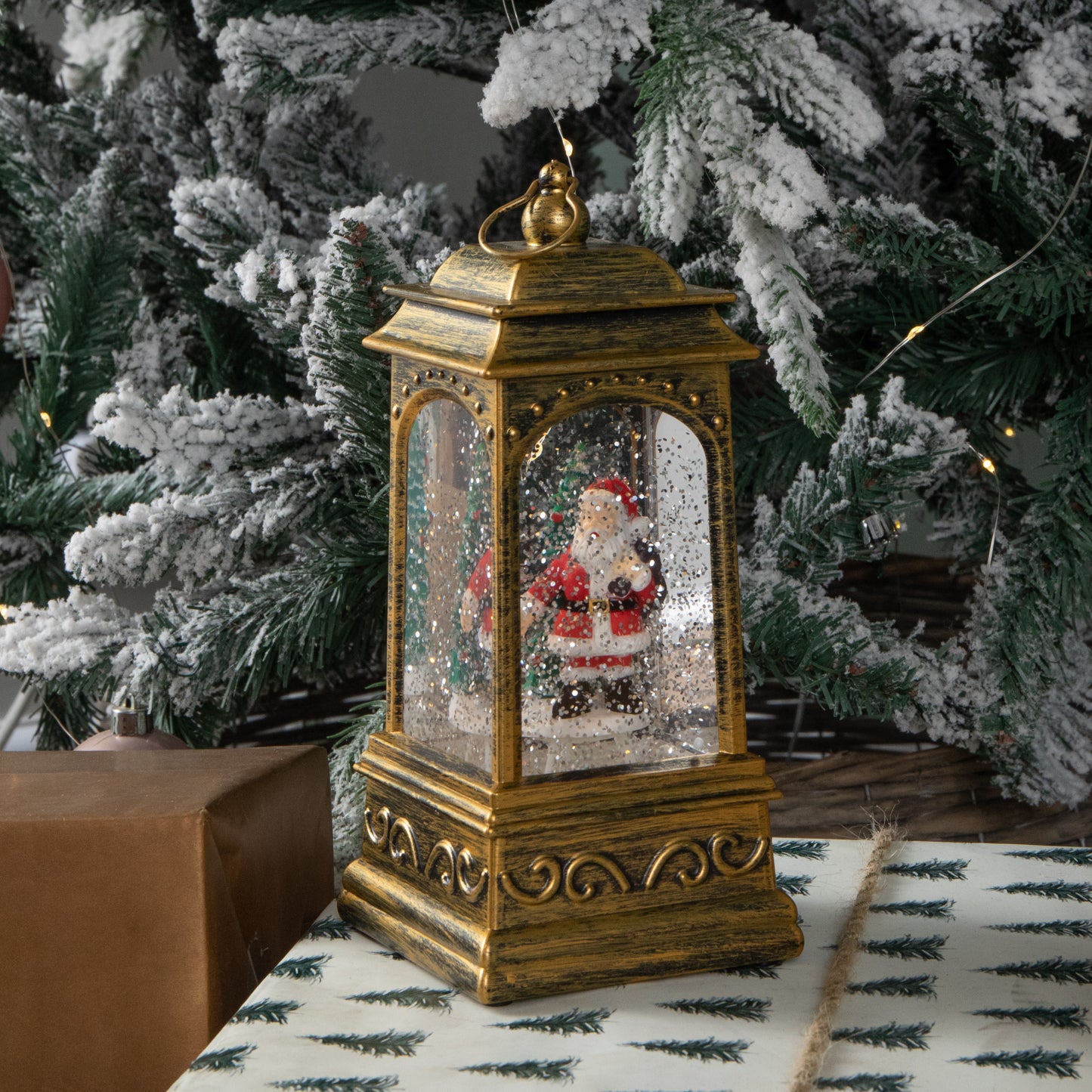 21cm Dual Powered Light up Rustic Gold Christmas Water Spinner Decoration with Santa Scene