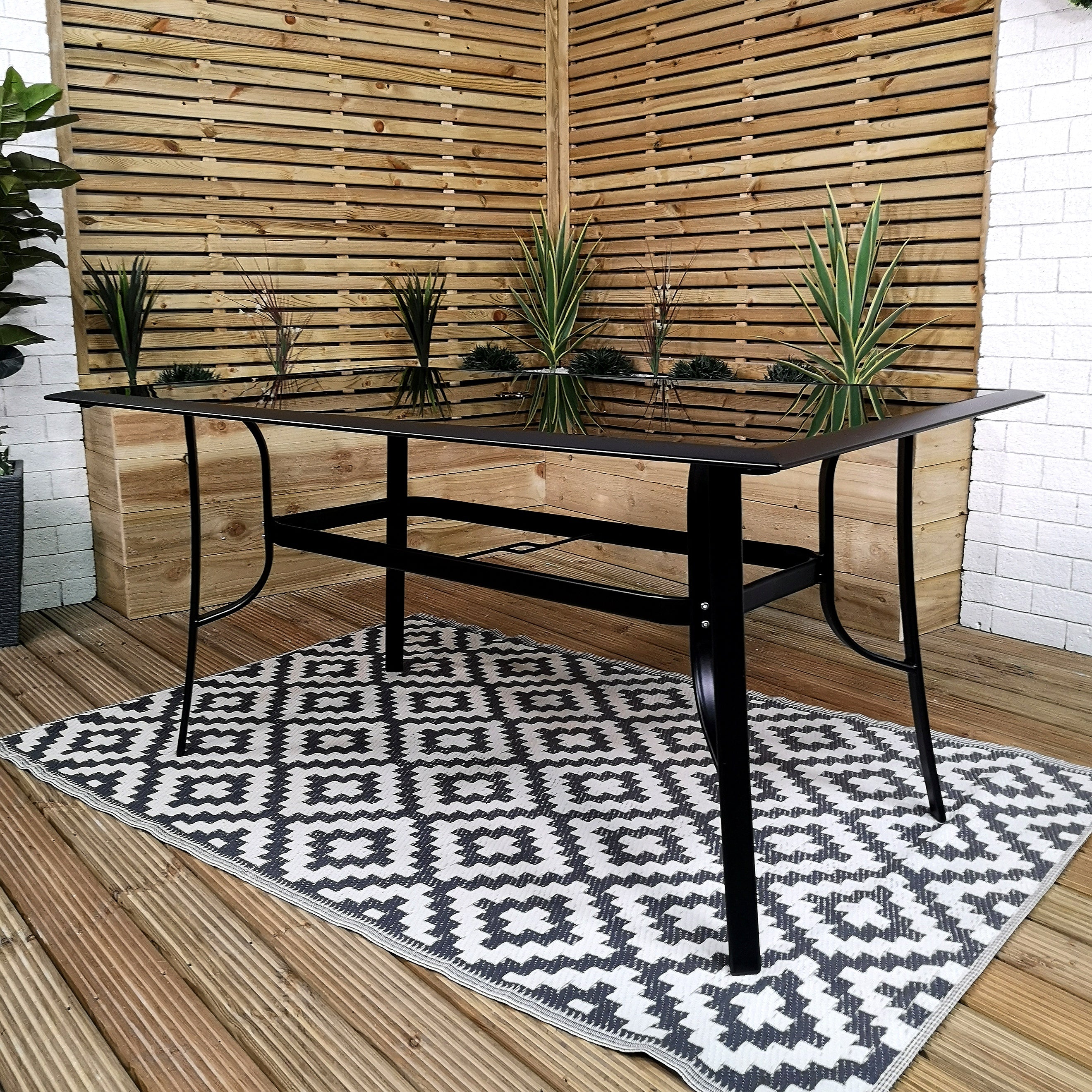 6 Person Rectangular Black Garden Patio Table with Glass Top & Parasol Hole
