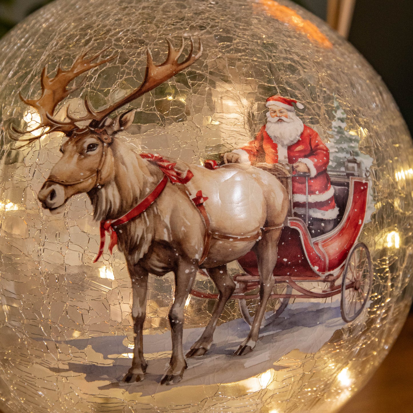 20cm Battery Operated Light up Santa Sleigh Crackle Glass Ball with 15 Warm White LEDs