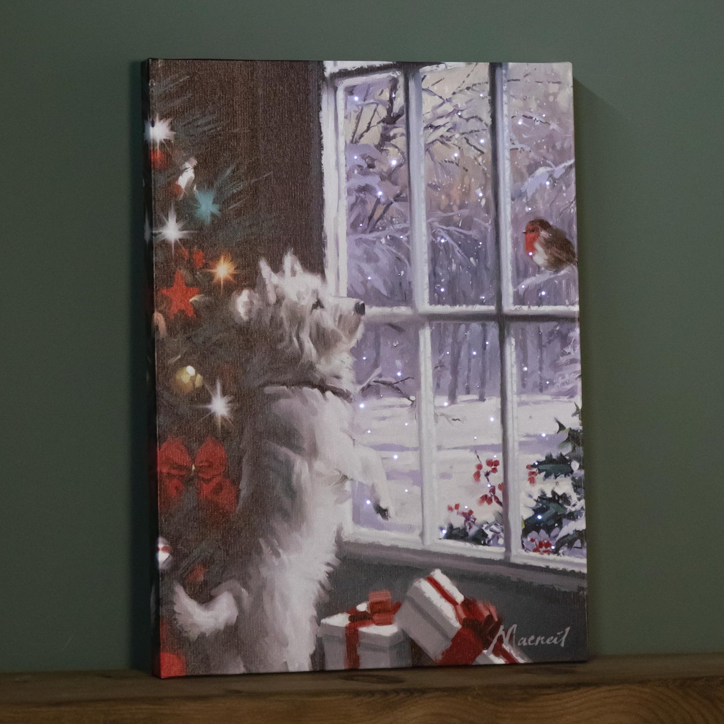 40cm x 30cm Battery Operated Light up Fibre Optic Christmas Dog & Robin Wall Art