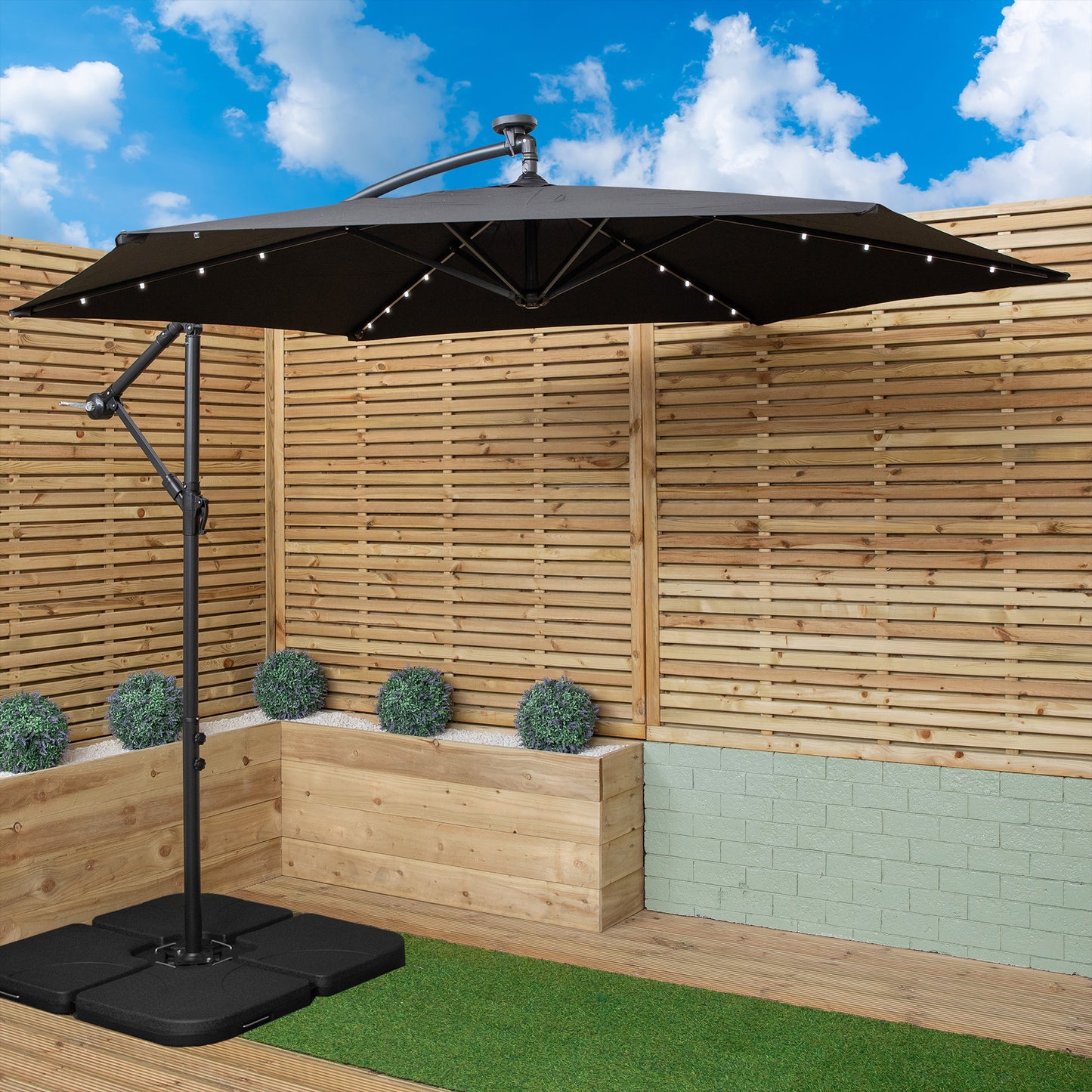 3m Solar Powered Lit Banana Cantilever Garden Parasol with LEDs & Base Weights Included in Black