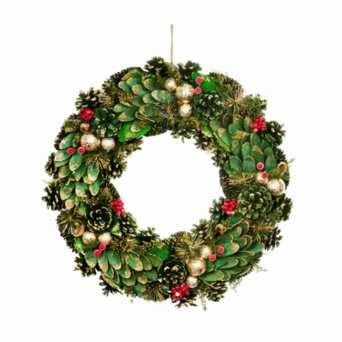 30cm Bauble and Pinecone Hanging Christmas Wreath with Red Berries