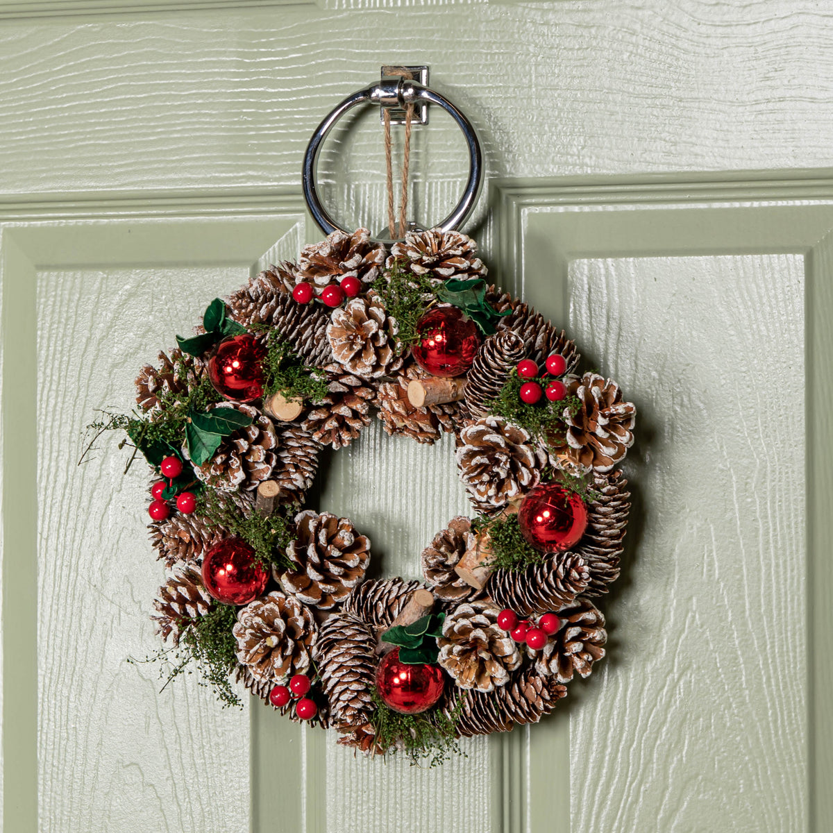 30cm Hanging Christmas YuleFest Wreath with Red Baubles & Snow Tipped Pine Cones