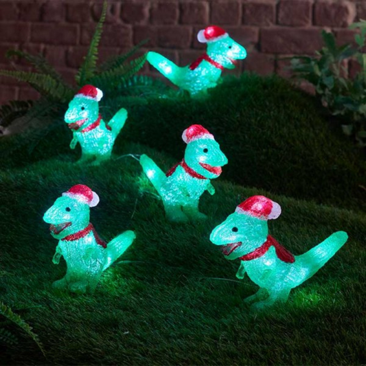 15cm Set of 5 Battery Operated Light up Christmas Dinosaur Ornaments with 40 Cool White LEDs