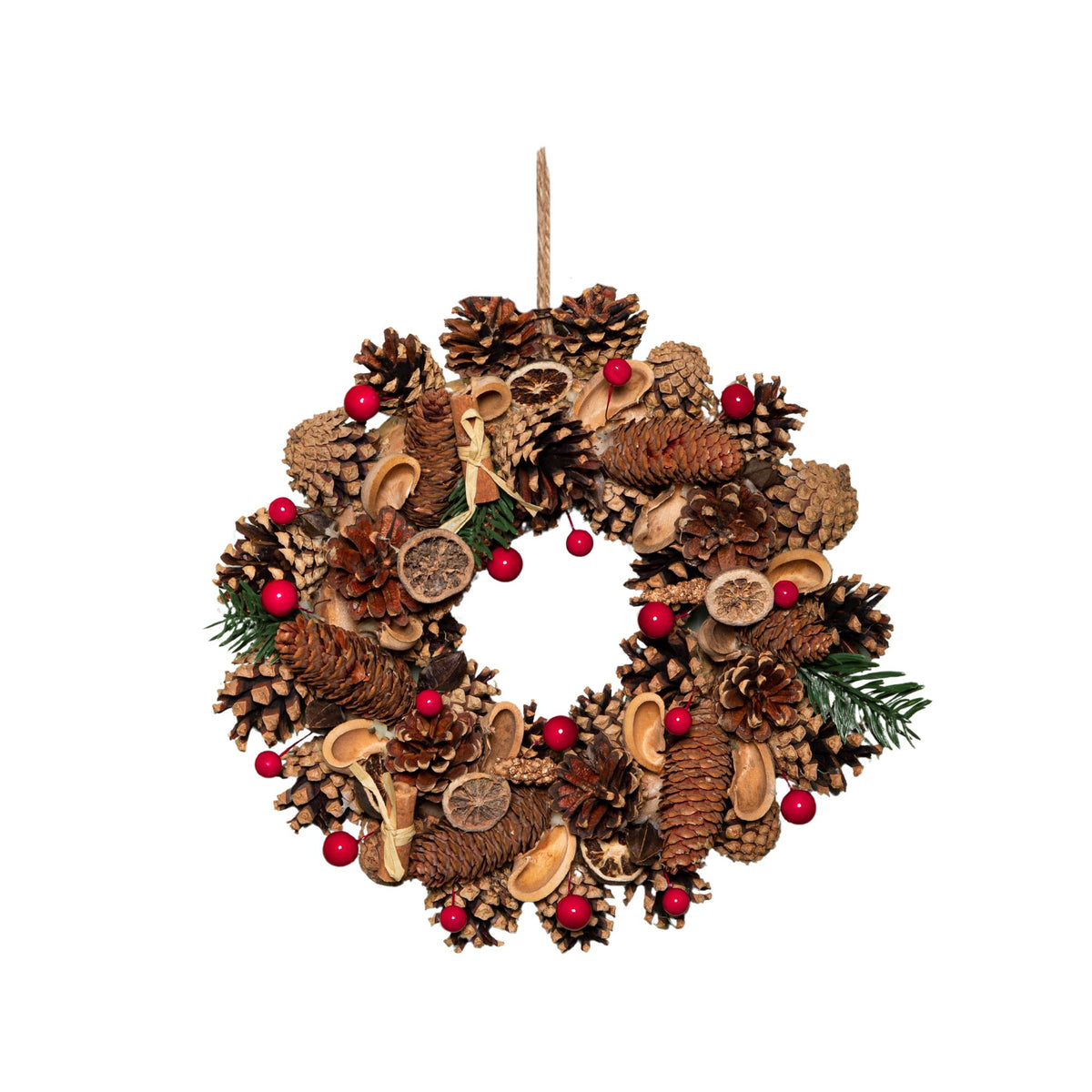 30cm Winter Spice Hanging Christmas Wreath with Pine Cones Red Berries & Dried Fruit