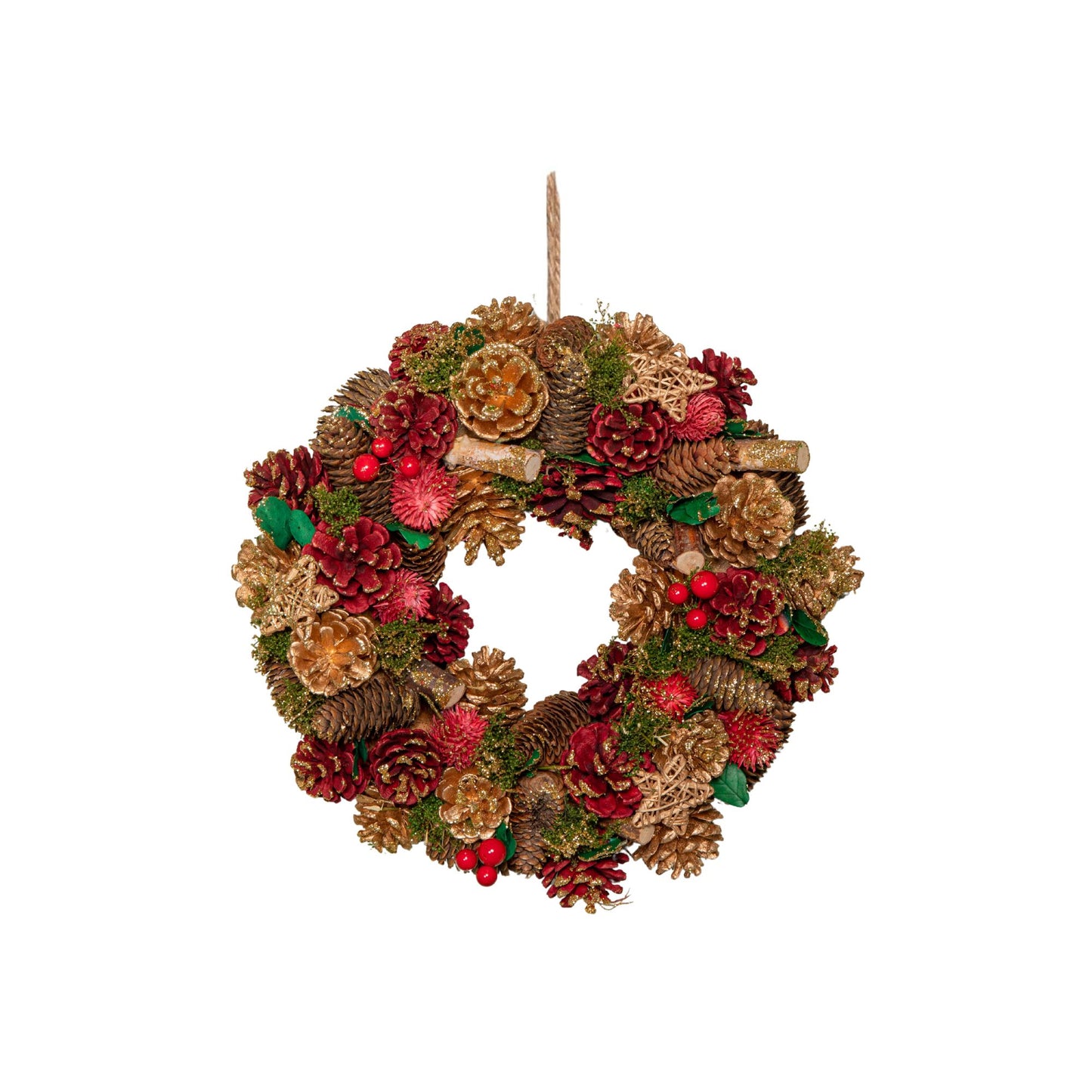 36cm Red Hanging Christmas Wreath with Red Berries and Pinecones 