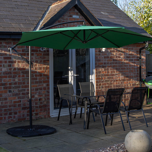 Outdoor 4 Person Rectangular Glass Top Garden Dining Table Chairs With Green Banana Parasol and Base