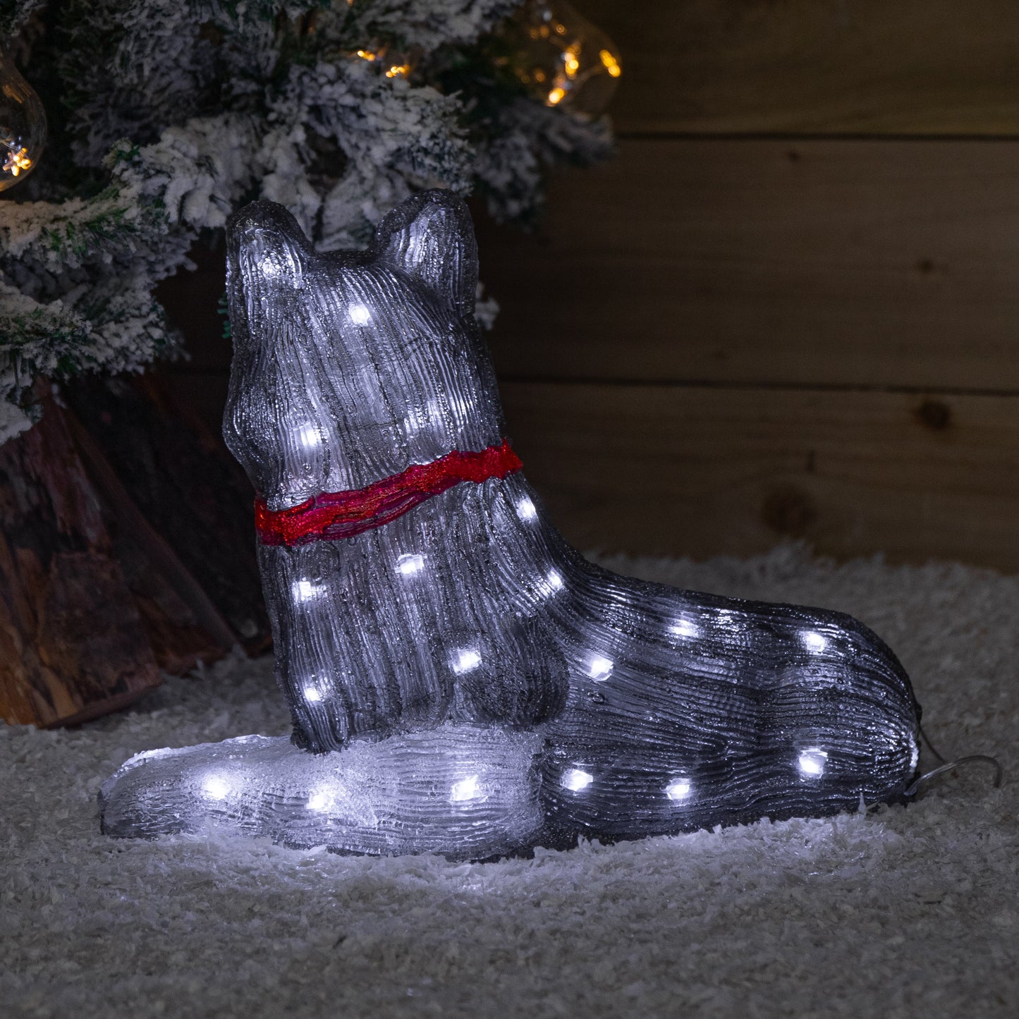 28cm Light up Acrylic Christmas Husky with Red Scarf Decoration and White LEDs