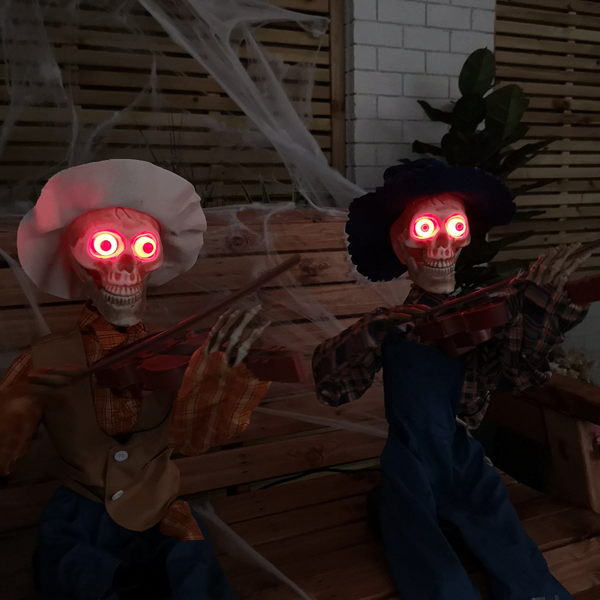 Set of 2 Animated Singing Halloween Skeletons Playing The Fiddle 