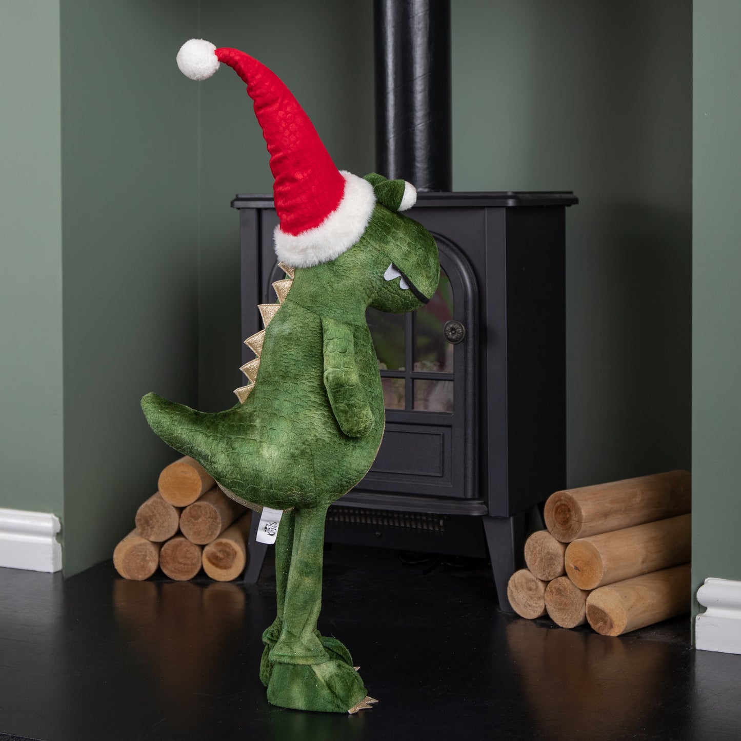 70cm Tall Green Plush Santa-Saurus Dino Standing Christmas Decoration with Santa Hat