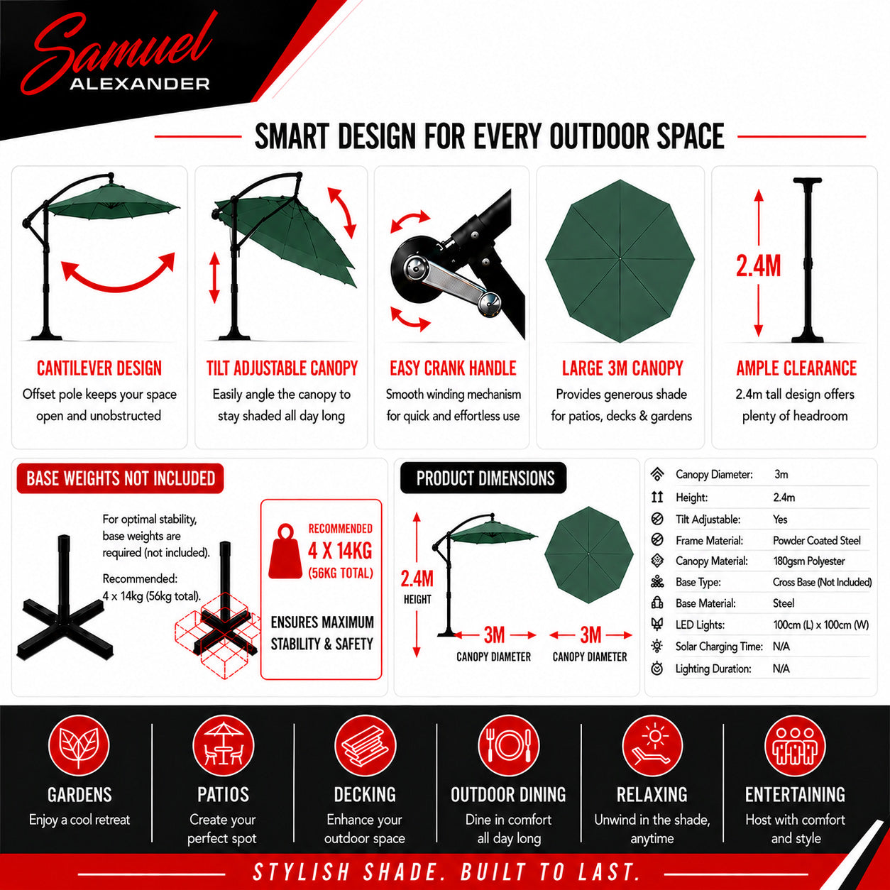 3m Hanging Banana Cantilever Garden Parasol with Cover in Green