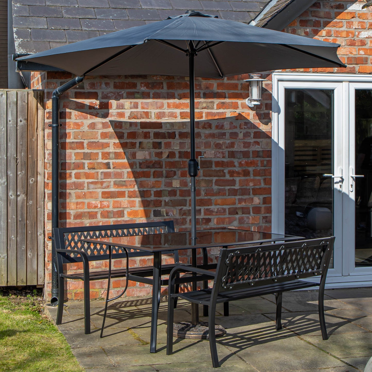 Outdoor 4 Person Rectangular Glass Top Garden Dining Table Benches With Grey Havana Parasol and Base Set