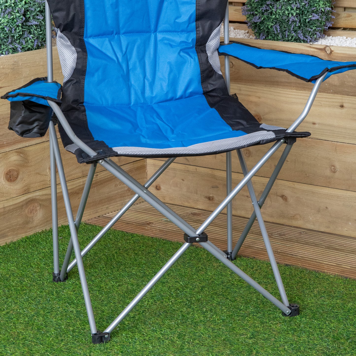 Luxury Padded High Back Outdoor Folding Chair with Cupholder in Blue