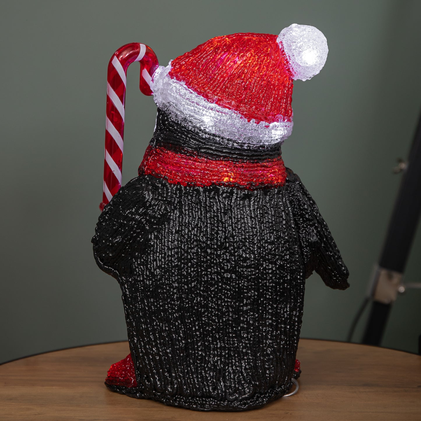 30cm Light up Acrylic Christmas Penguin with Candy Cane Decorations & White LEDs