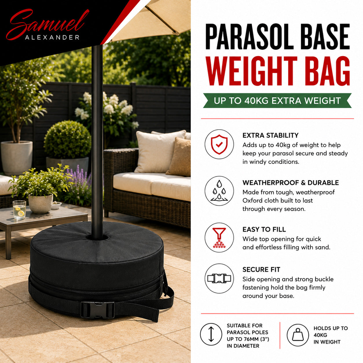 40kg Black Heavy Duty Round Garden Patio Parasol Umbrella Refillable Base Weight Bag