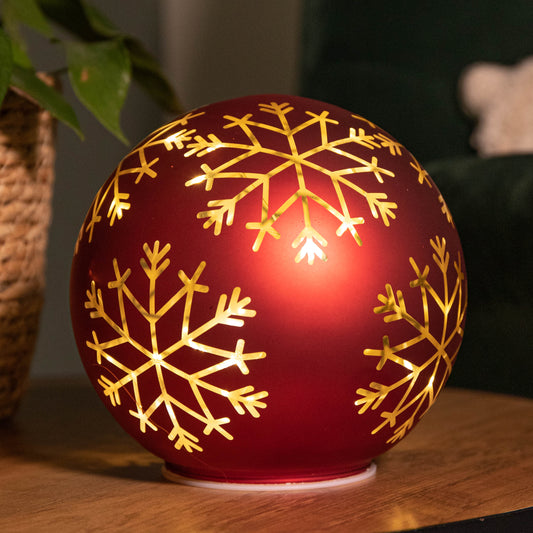 15cm Battery Operated Light up Snowflake Glass Ball in Red with Warm White LEDs
