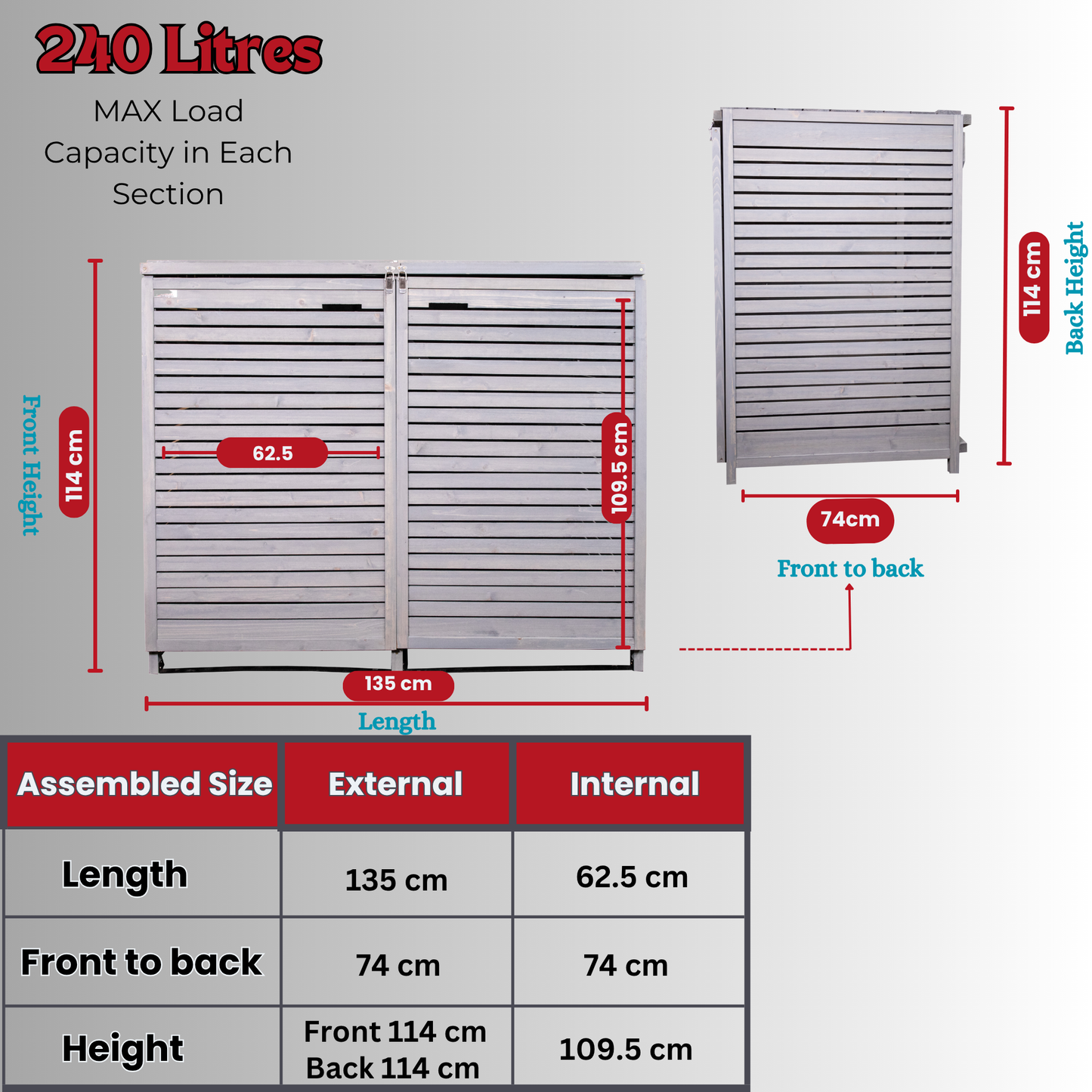 Factory Seconds 1.35m x 1.14m Large Grey Wooden Outdoor Garden Double Wheelie Bin Store Storage for 2 Bins