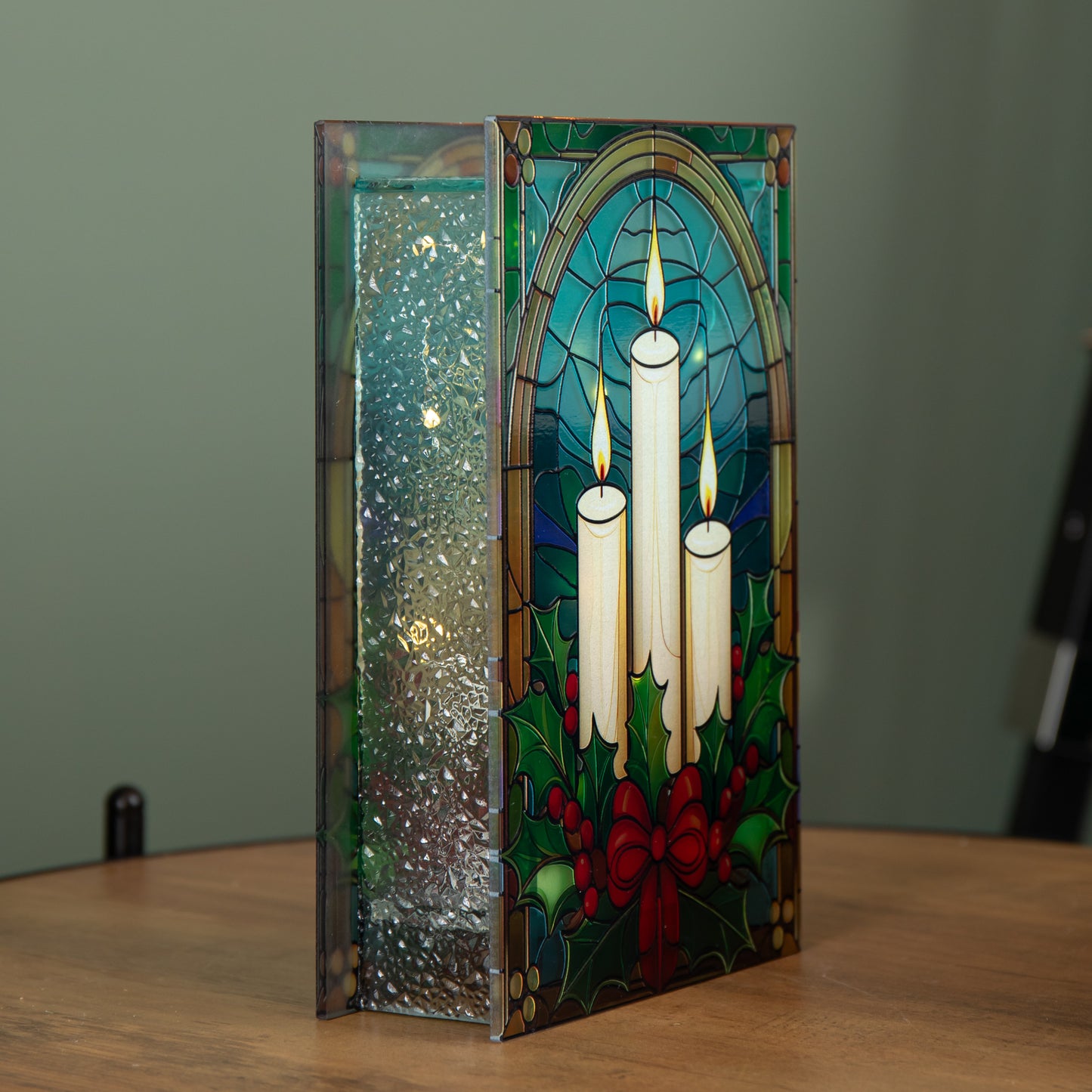 21cm Battery Operated Light up Stained Glass Christmas Decoration with Candles & Holly with Warm White LEDs