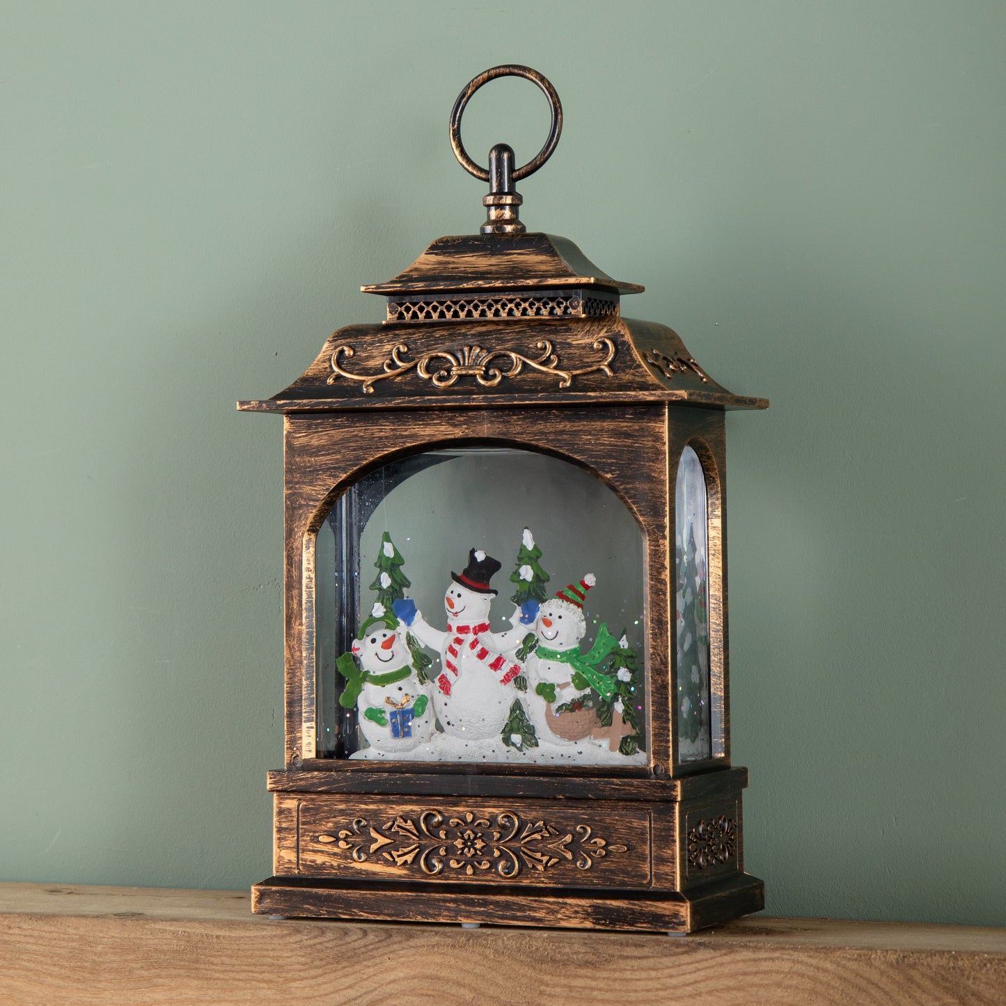 28cm Bronze Light up Christmas Snowman Water Spinner with Warm White LEDs and TImer Function