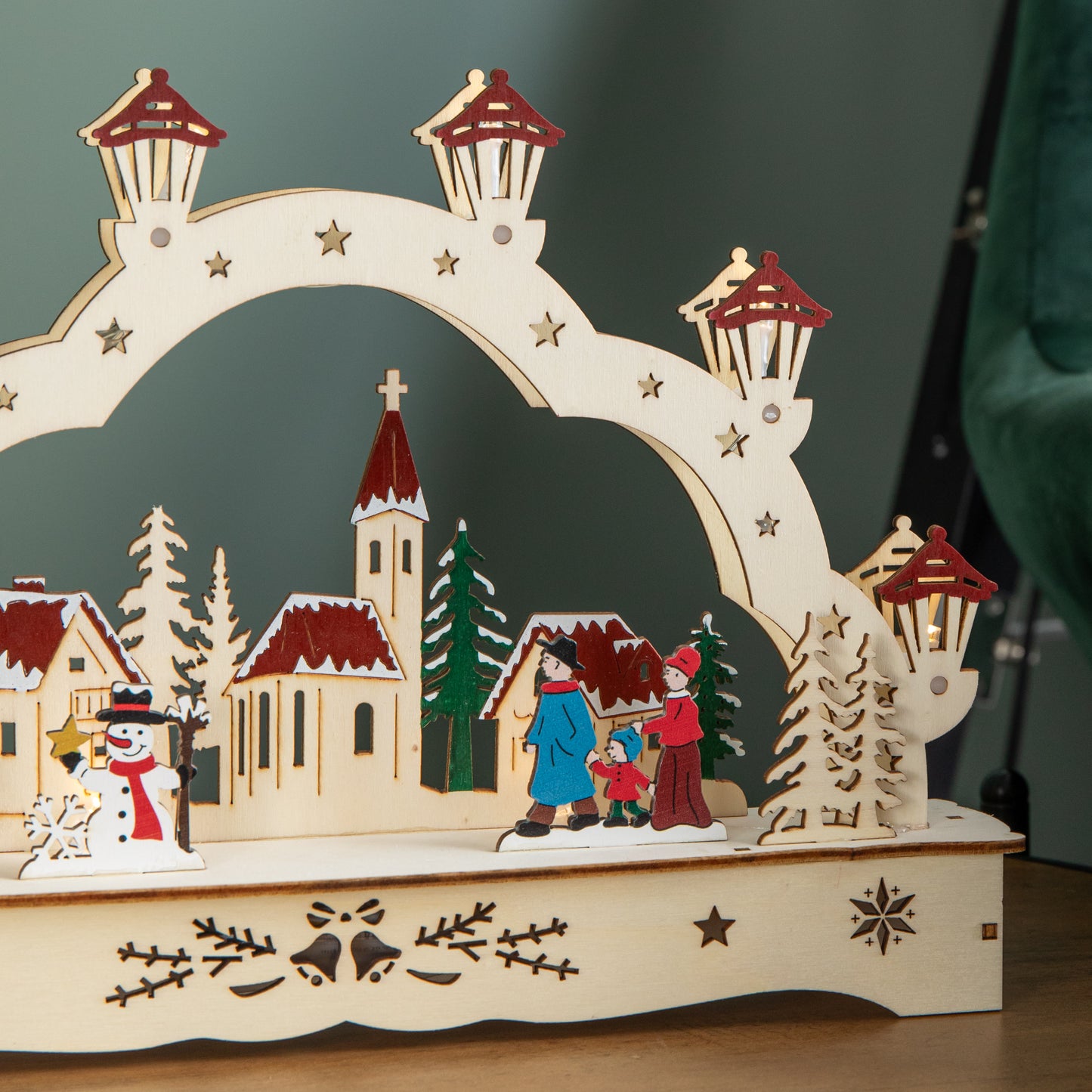 28cm Battery Operated Wooden Christmas Festive Village with LEDs