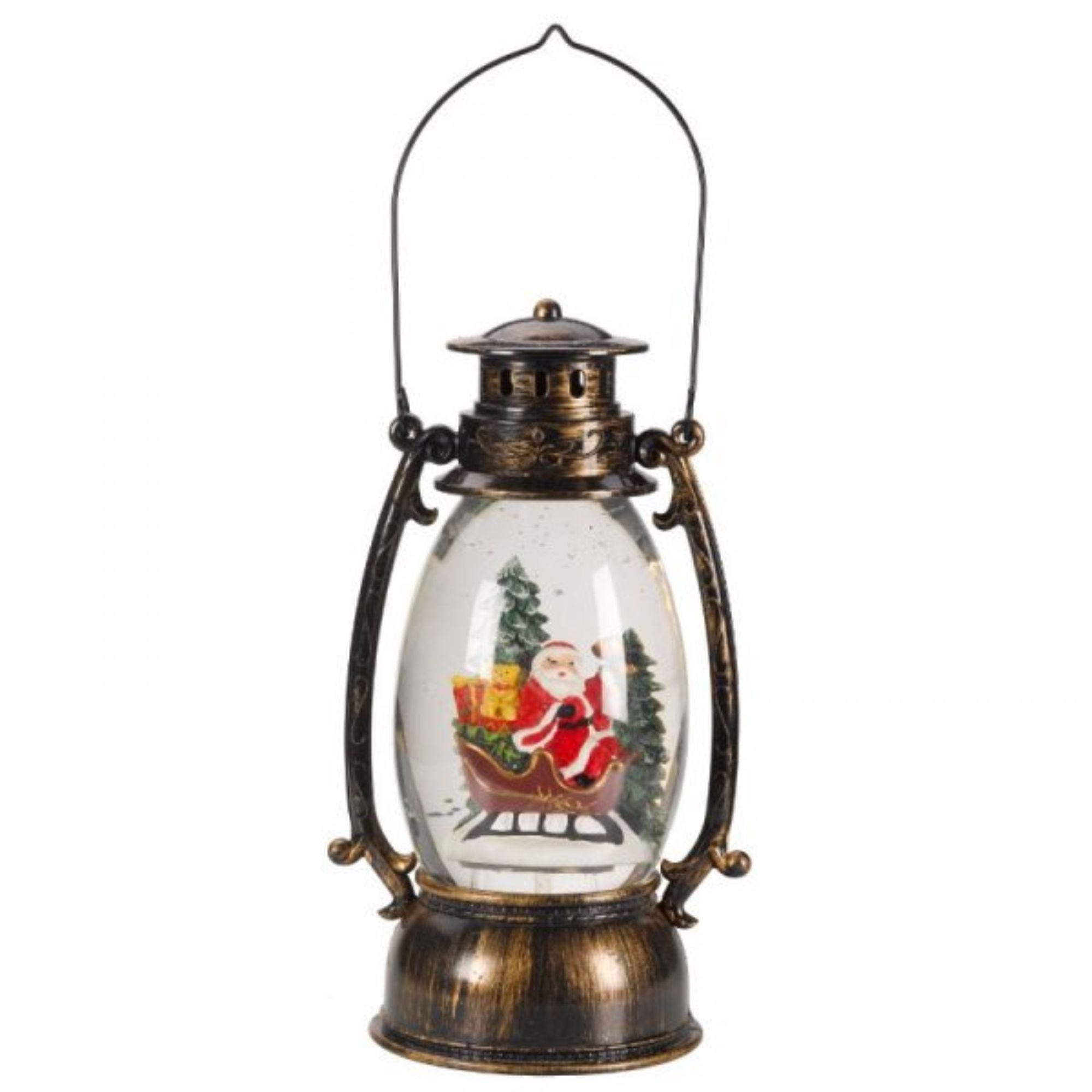 24cm LED Christmas Glitter Water Spinner Antique Lantern Snowy Santa Scene