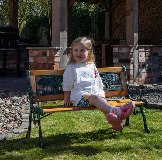 Factory Seconds: Kids 2 Seater Wooden & Cast Iron Garden Patio Childrens Bench with Animal Design