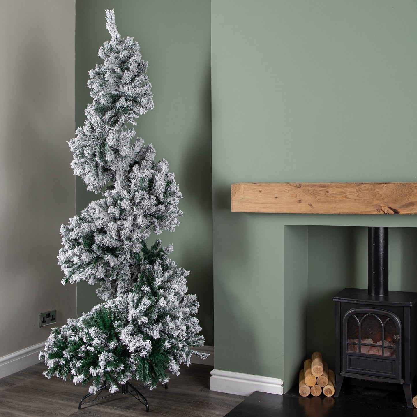 7ft (2.1m) Snowflocked Spiral Christmas Tree with Green Metal Stand