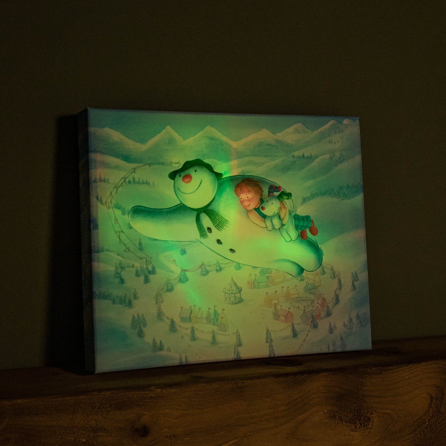 Battery Operated 25x30cm Colour Change LED Snowman Billy & Snowdog Flying Canvas Wall Art