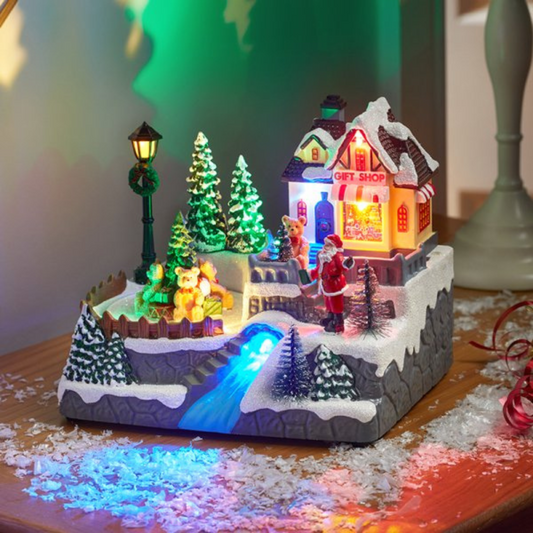 18cm Light up Christmas Gift Shop Snow Scene with Music and LEDs
