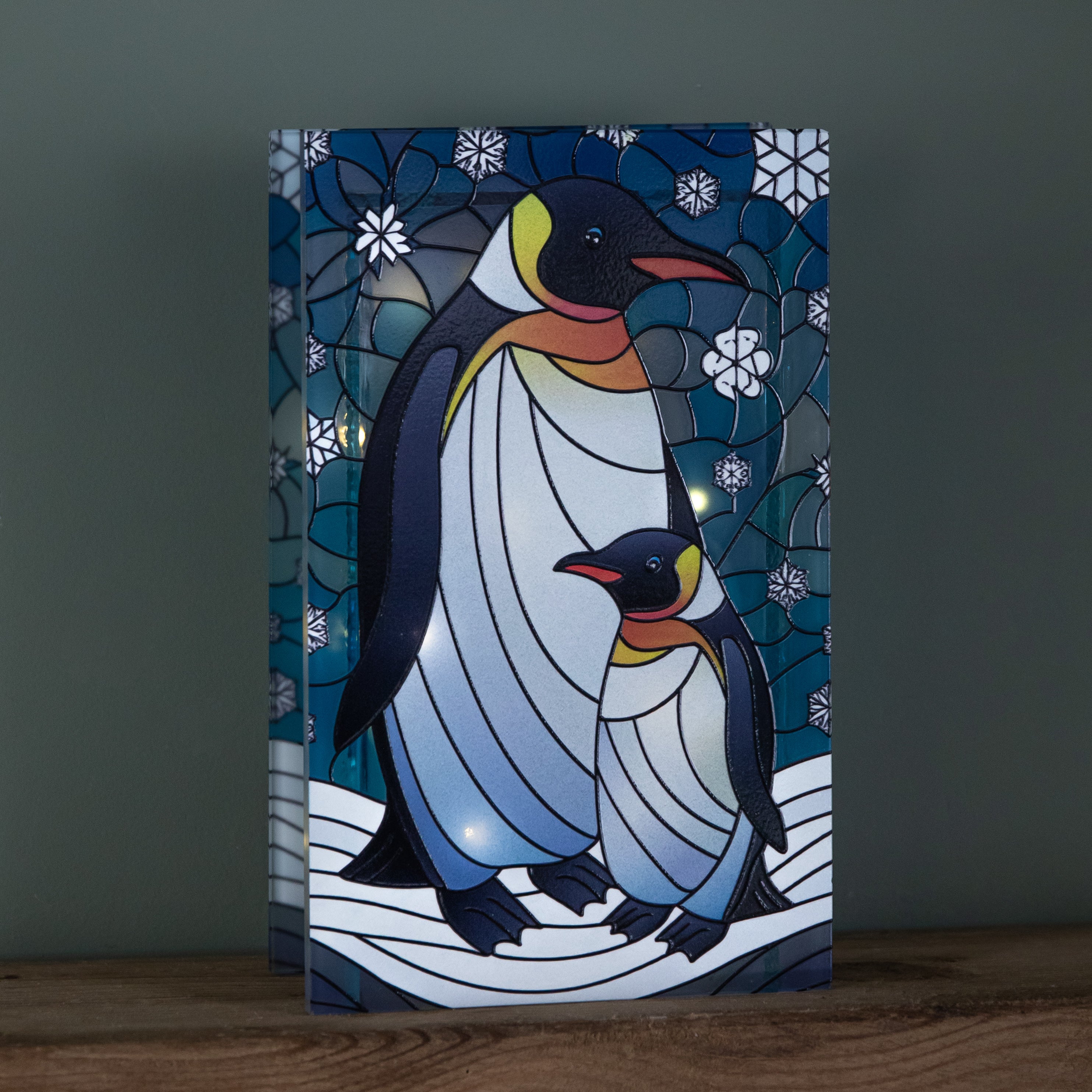 21cm Battery Operated Light up Double Sided Stained Glass Mother & Baby Penguin Decoration with LEDs