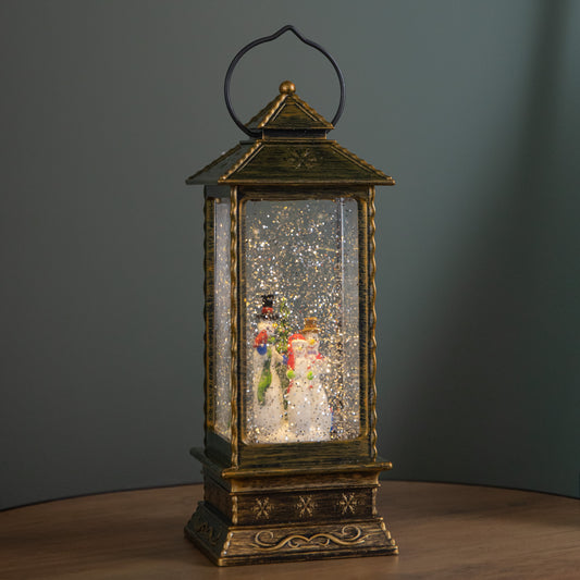 27cm Dual Powered Light up Christmas Water Spinner Lantern with Snowman Scene