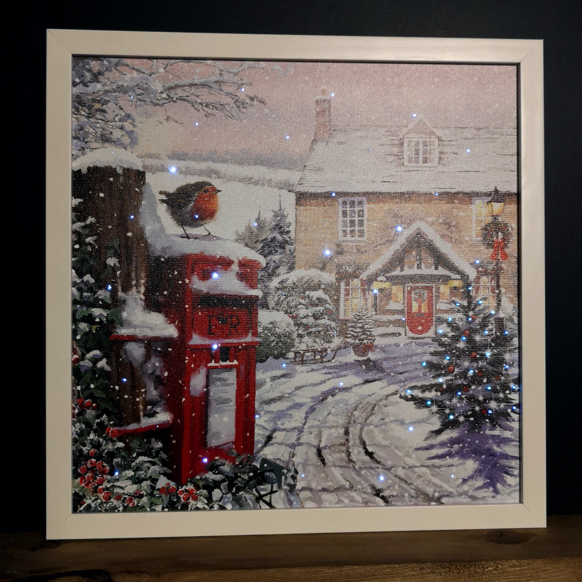 Battery Operated 40 x 40cm Light up Snowy Christmas Robin Scene Picture Canvas