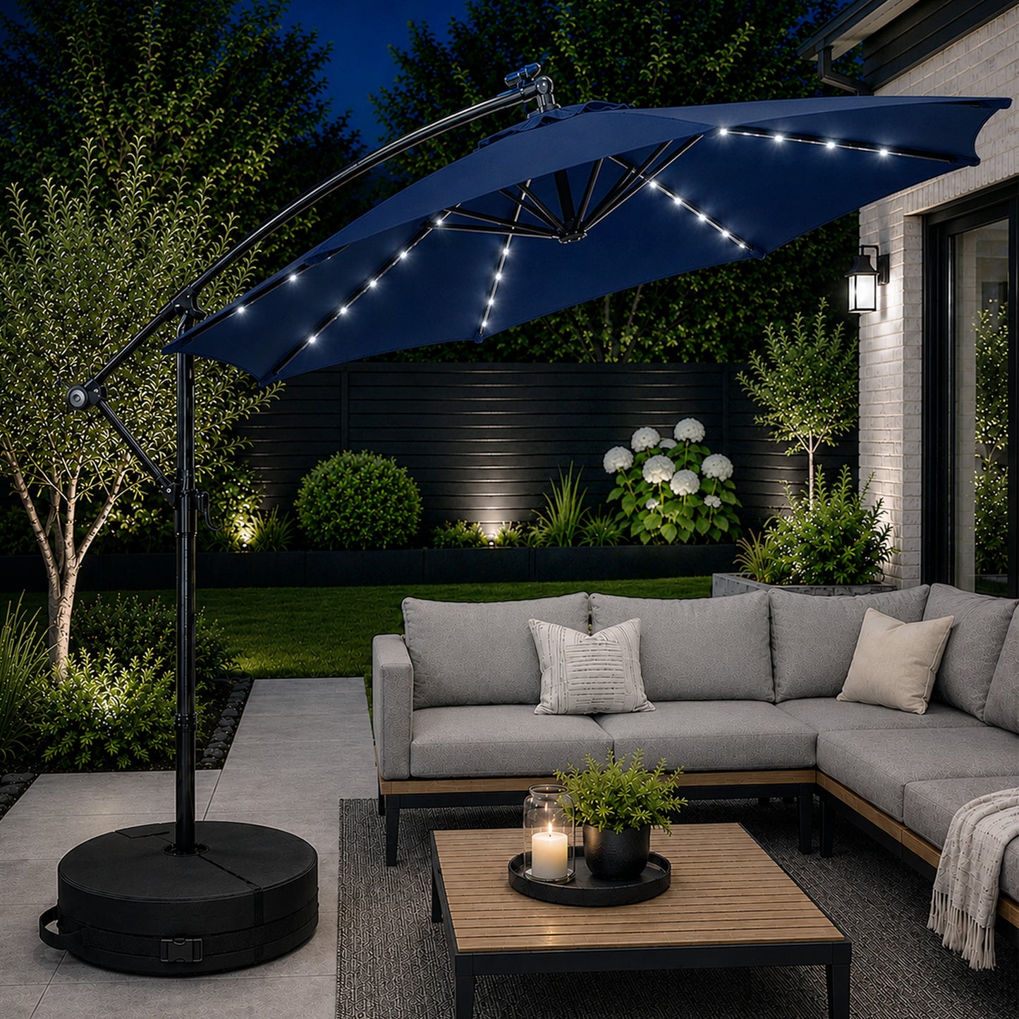 Choice of Colour 3m Hanging Banana Cantilever Garden Lit Parasol with Base Bag Included
