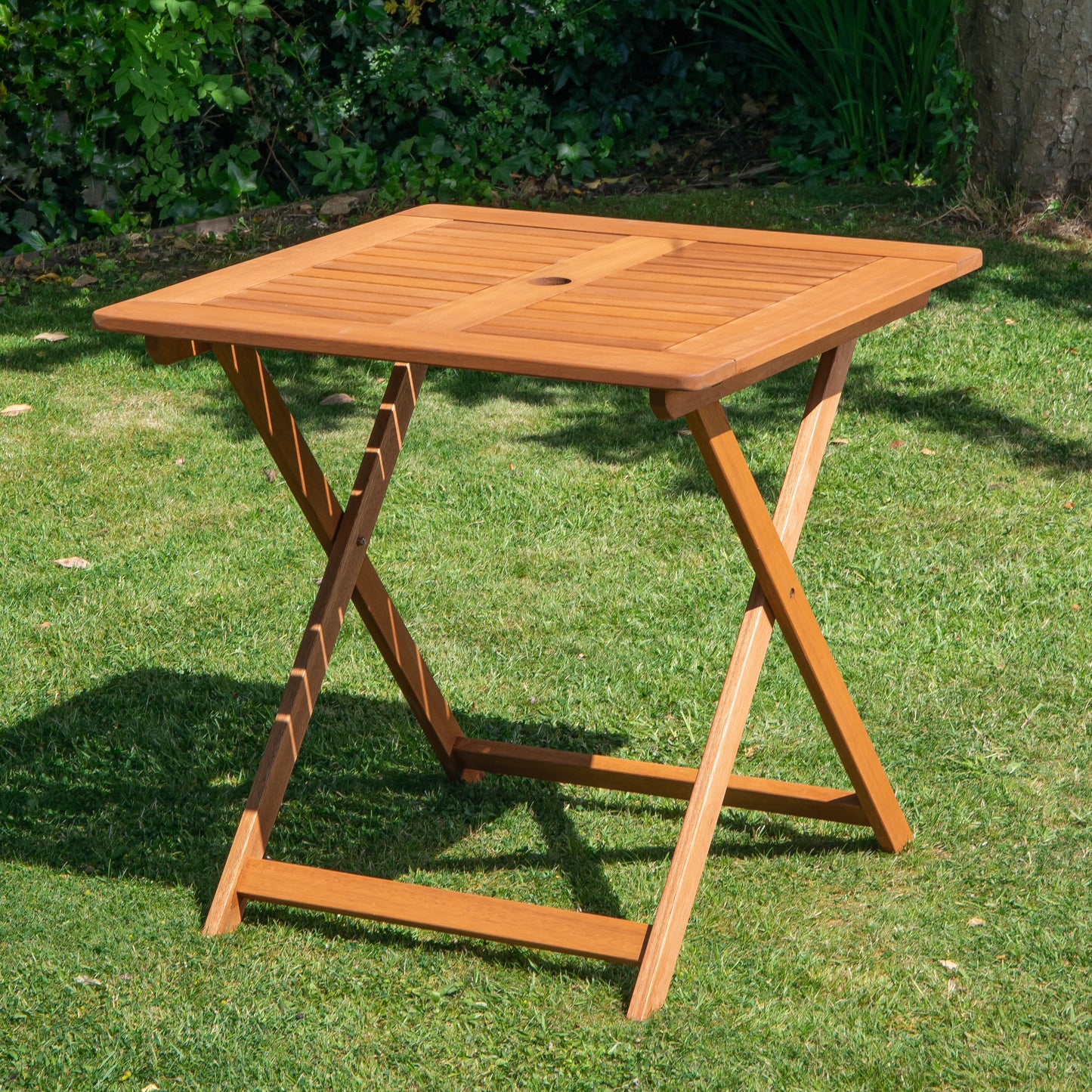 Outdoor 4 Person Folding Square Wooden Garden Dining Table Chairs Grey Parasol and Base Set