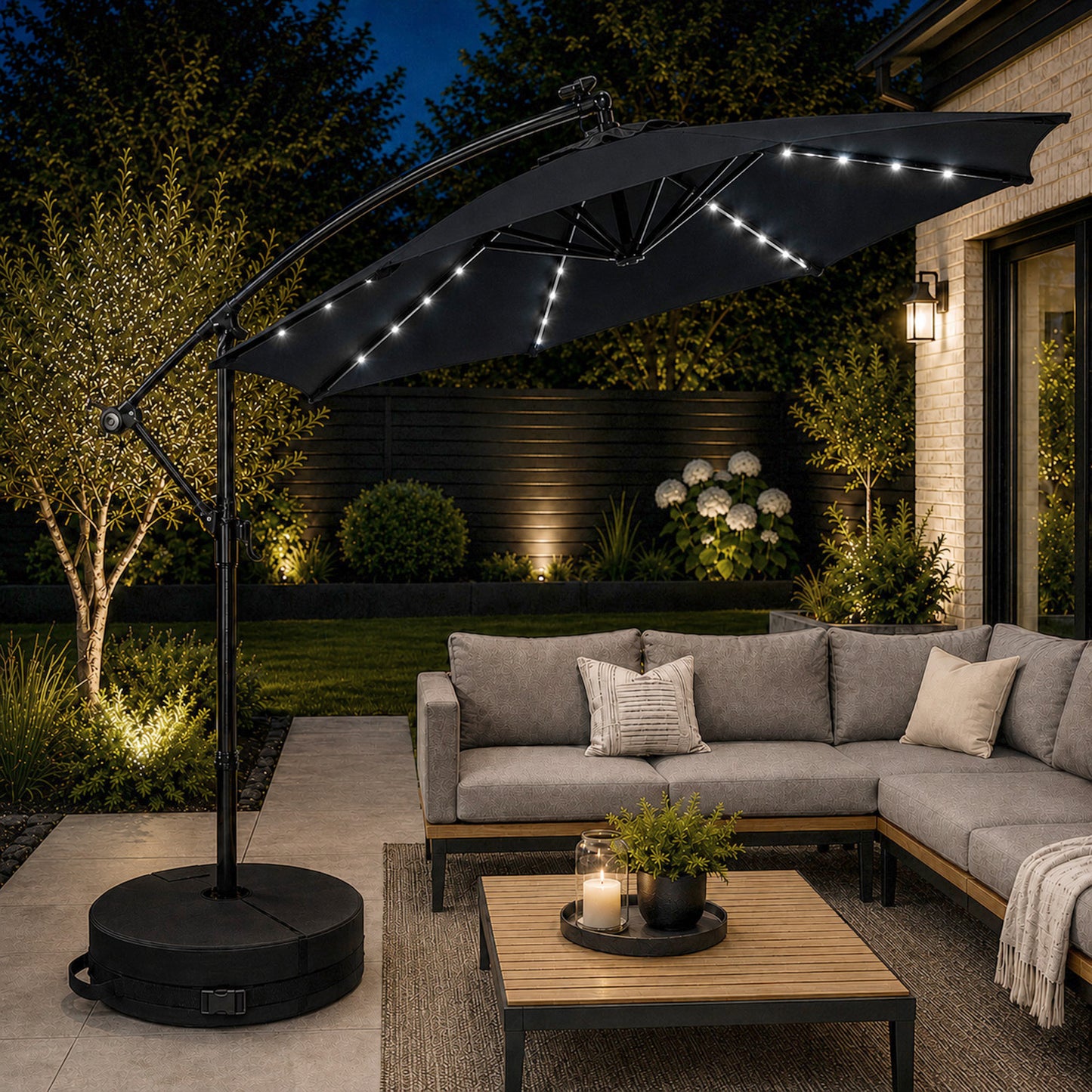3m Solar Powered Cantilever Lit Banana Garden Parasol with Crank Handle & White LED Lights in Black with Base Bag Included