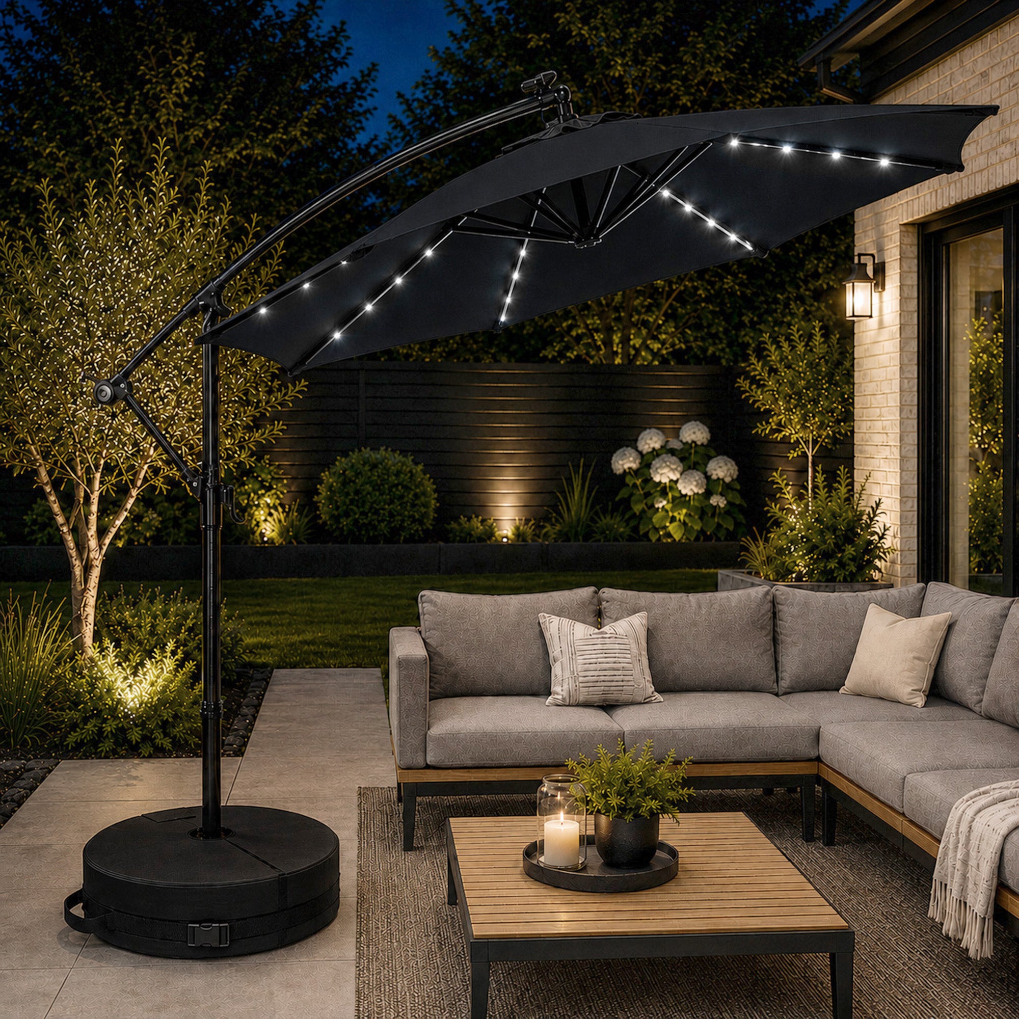 3m Solar Powered Cantilever Lit Banana Garden Parasol with Crank Handle & White LED Lights in Black with Base Bag Included