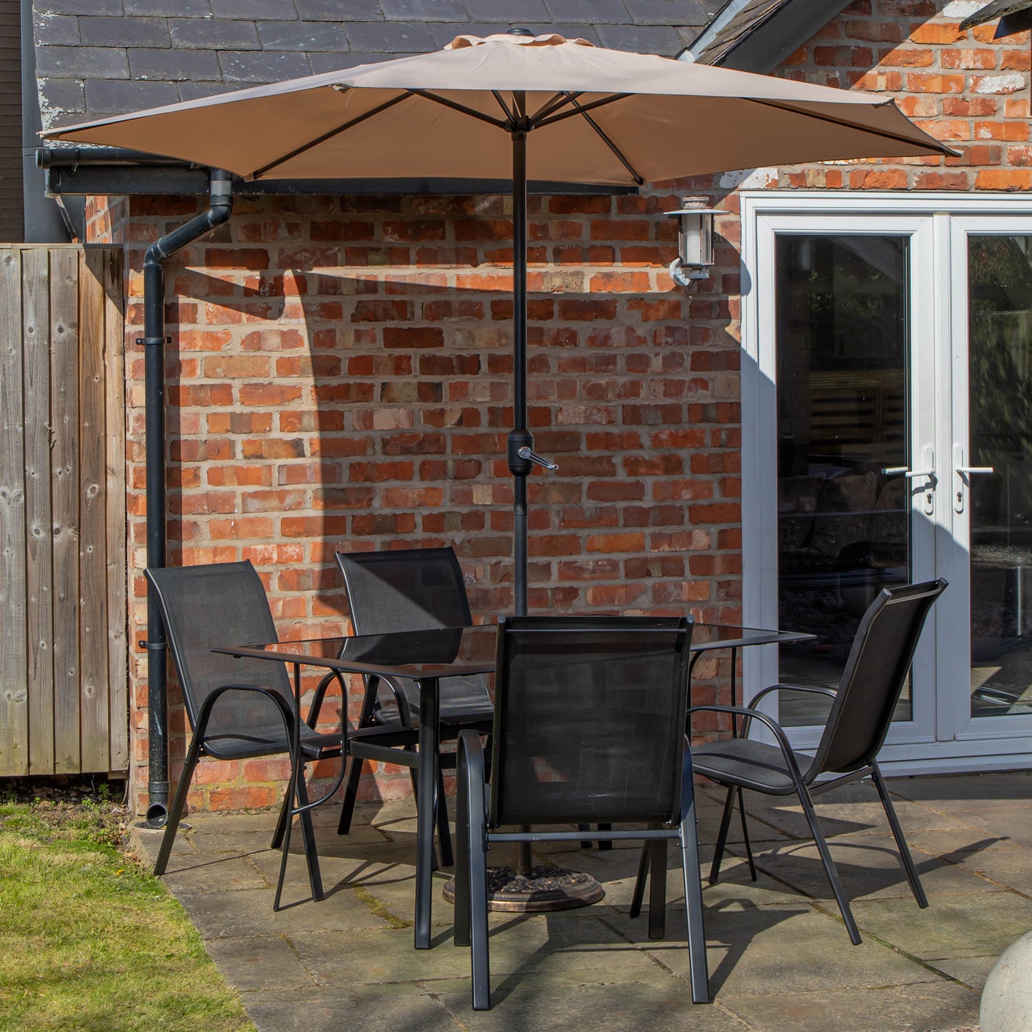 Outdoor 4 Person Rectangular Glass Top Garden Dining Table Chairs With Beige Parasol and Base Set