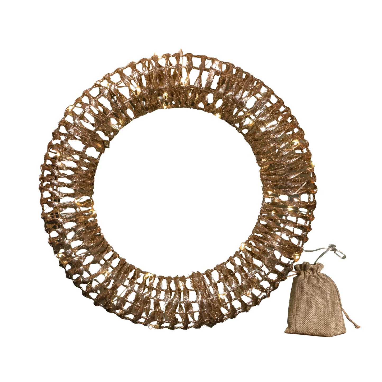 40cm Battery Operated Light up Gold Glitter Twist Christmas Wreath with Warm White LEDs