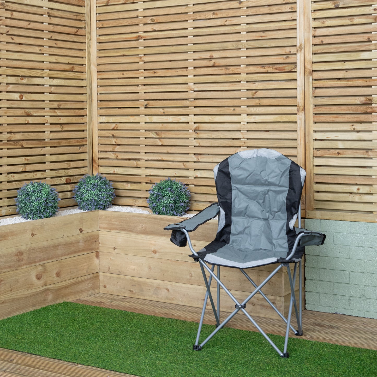Luxury Padded High Back Outdoor Folding Chair with Cupholder in Grey