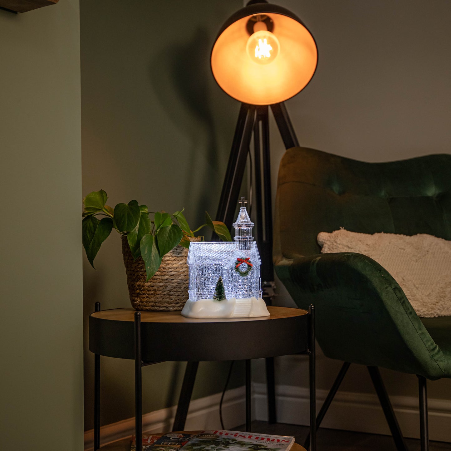 23cm Battery Operated Light up Christmas Church with Swirling Glitter and LEDs 