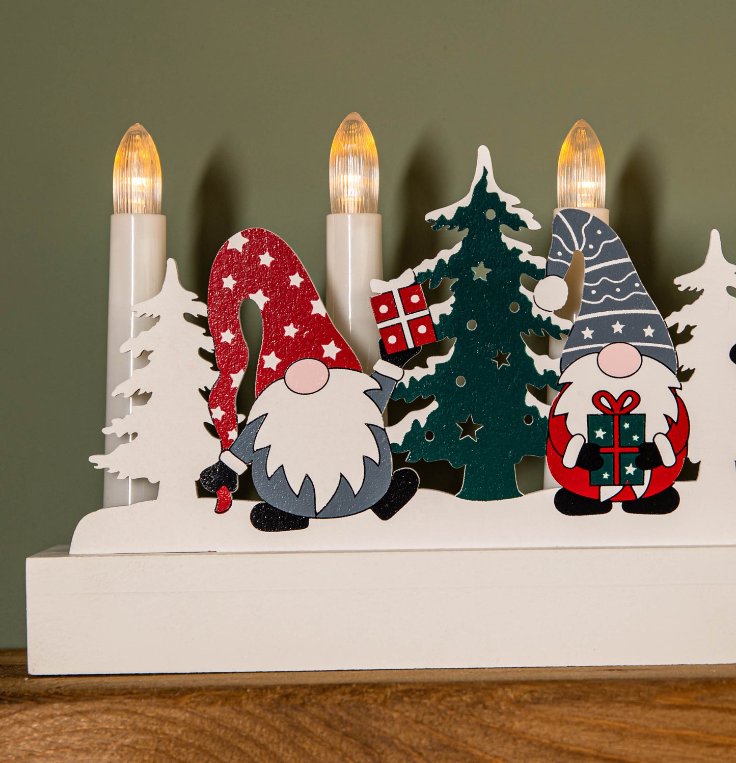 28cm Battery Operated Light up White Wooden Christmas Candle Bridge with Gonk Scene and 5 LEDs