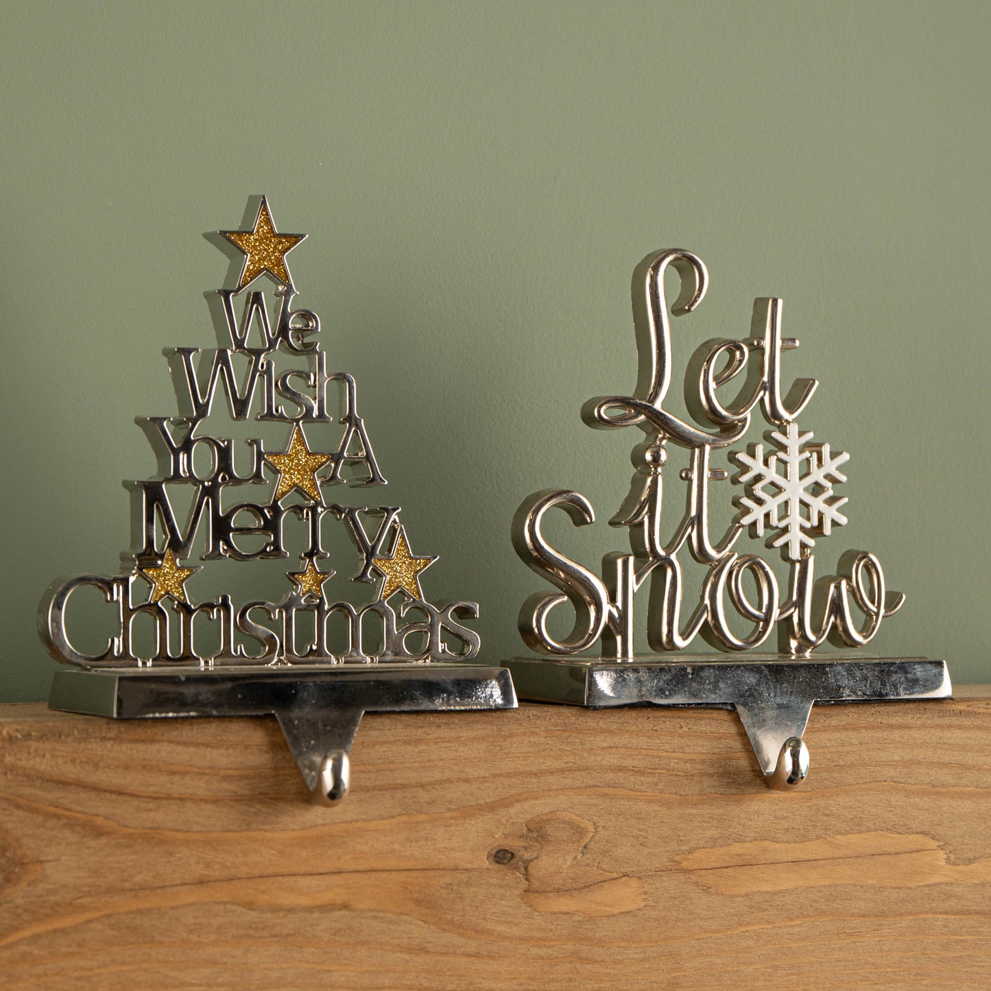 22cm Silver Christmas Stocking Hanger -Let it Snow/We Wish you a Merry Christmas