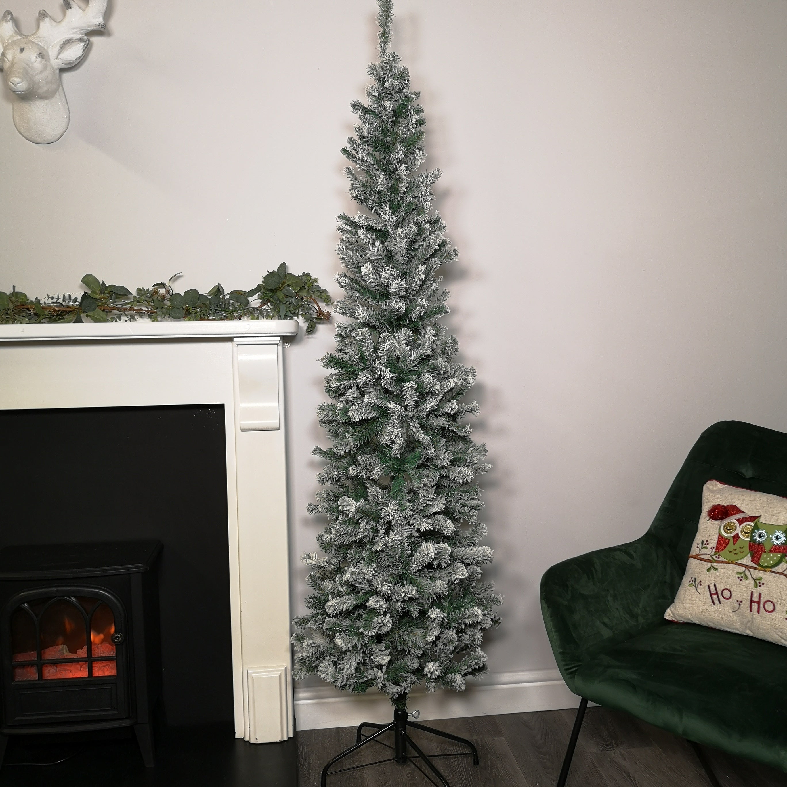 Factory Seconds: 6.5ft (2m) Snow Flocked PVC Spruce Pine Slim Christmas Tree in Green