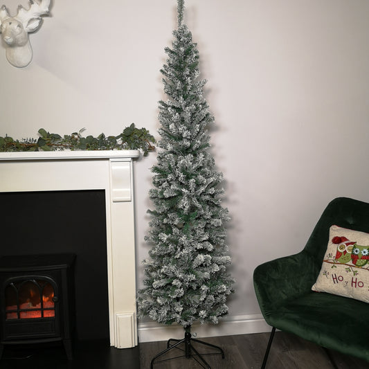 Factory Seconds: 6.5ft (2m) Snow Flocked PVC Spruce Pine Slim Christmas Tree in Green