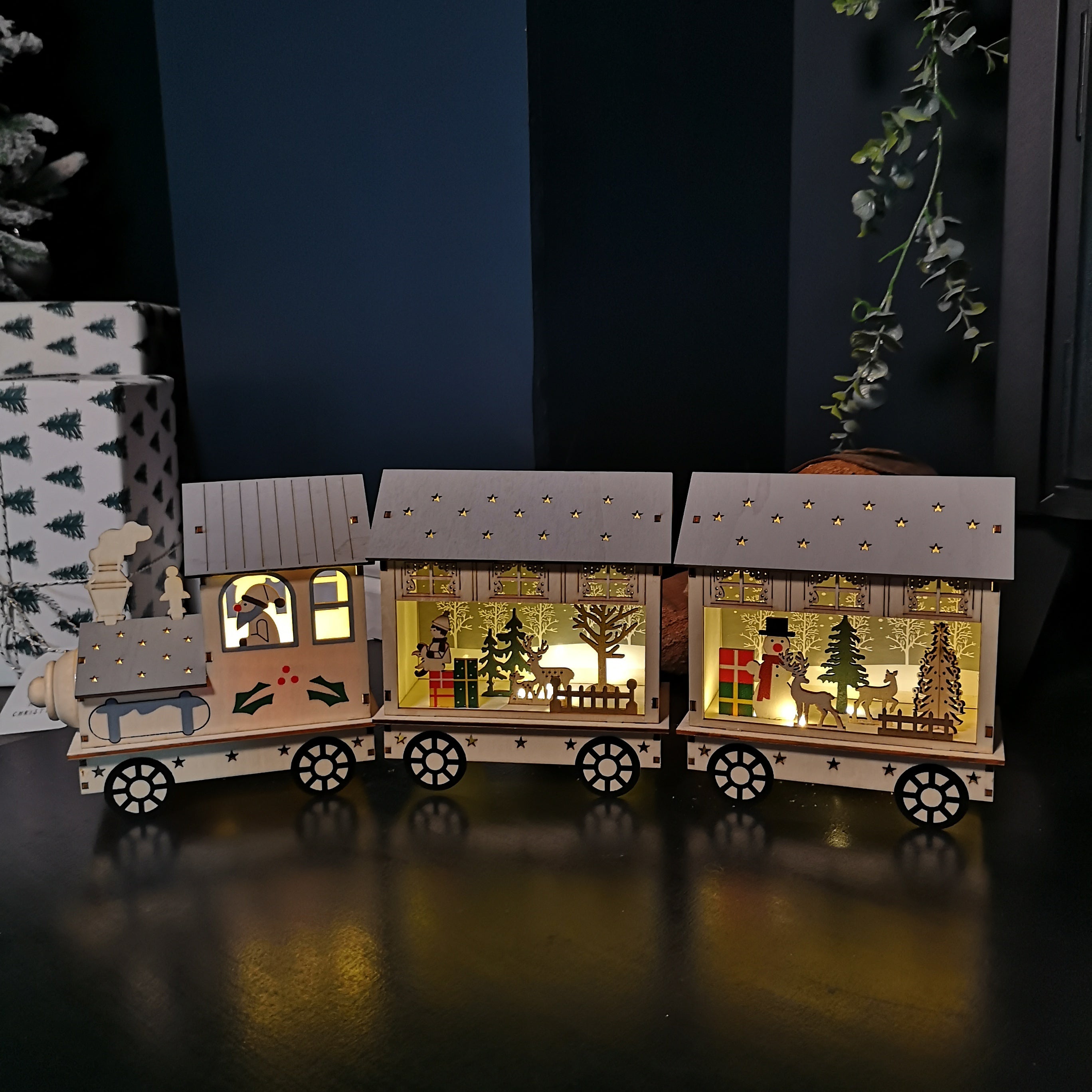 16cm LED Battery Operated Indoor Wooden Christmas Train & Carriages Scene